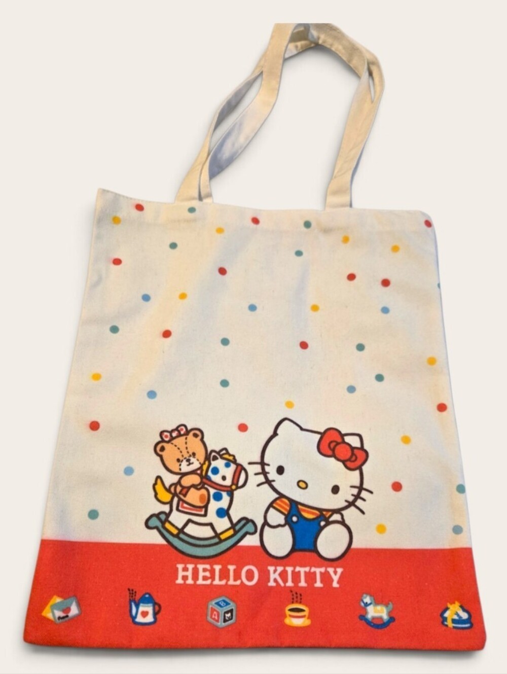 Hello Kitty Cream Tote Bag with Multicolor Polka Dots and Red Trim